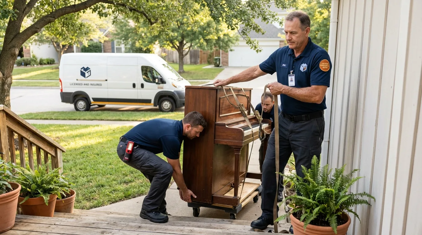 Licensed piano movers securing grand piano in North Salt Lake, UT