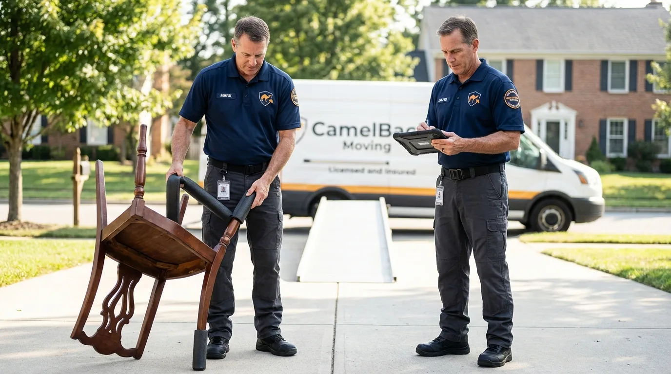 Movers inspecting furniture for damage prevention before loading in North Salt Lake, UT