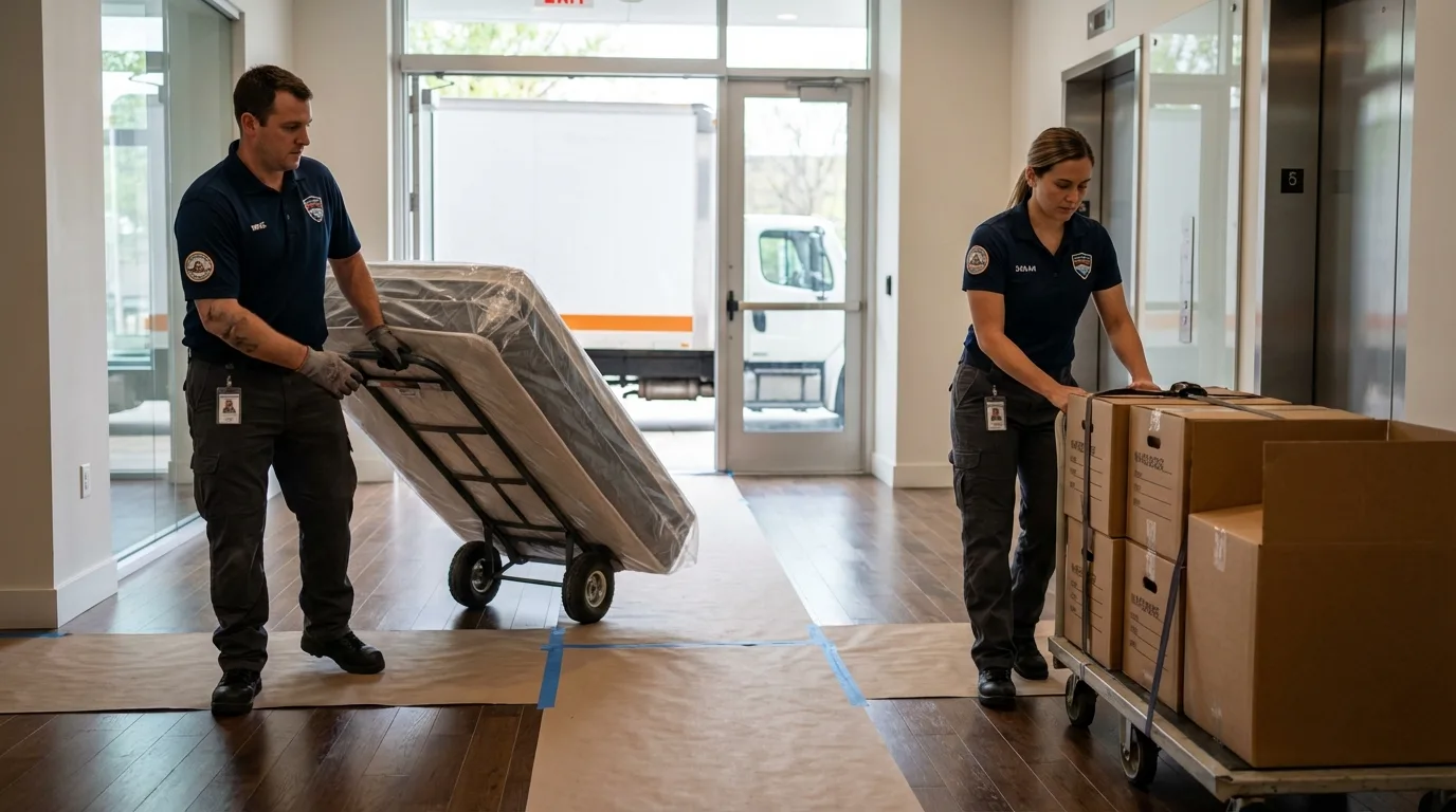 Professional apartment movers loading elevator in North Salt Lake, UT