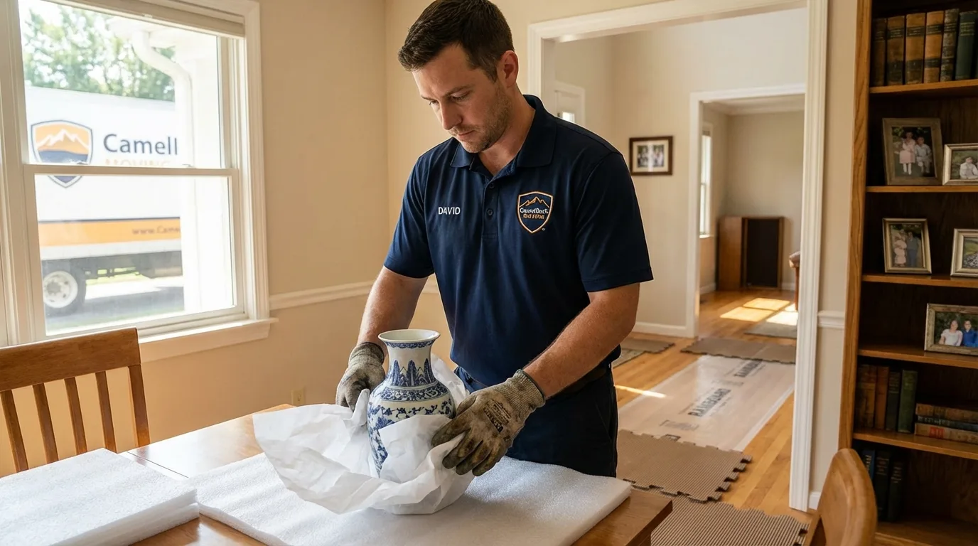 Professional crew carefully wrapping antique vase for senior downsizing move in North Salt Lake, UT